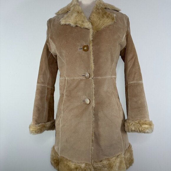 Vintage Y2K 90s Guess Faux Suede & Sherpa Penny Lane Long Coat Size XS - Picture 1 of 16